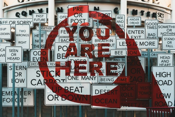 You are here sign with many other signs